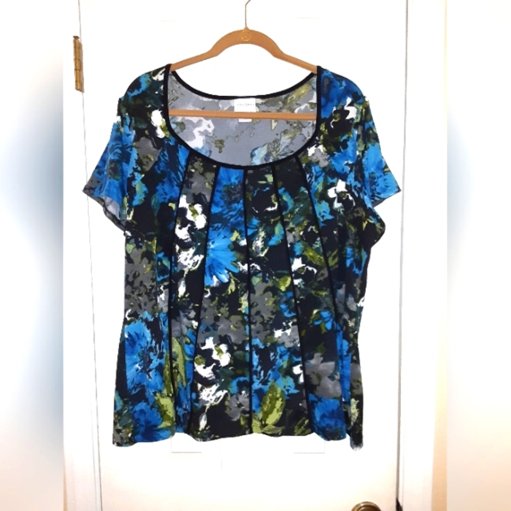 1X Jaclyn Smith Floral Godet Panel Short-sleeve Blouse in Blue, Green, & Black